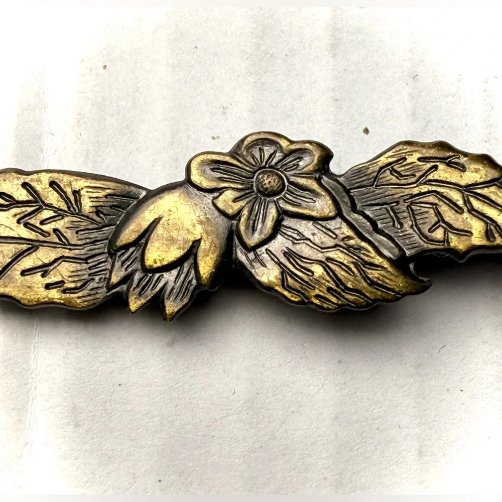 Vintage Brass‎ Floral Bar Hair Barrette Classic Art Nouveau Flowers Victorian